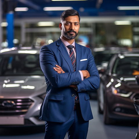 Confident handsome indian man automotive sales manager at work on blured background Confident handsome indian man automotive sales manager at work on blured background