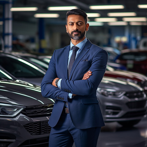 Confident handsome indian man automotive sales manager at work on blured background Confident handsome indian man automotive sales manager at work on blured background
