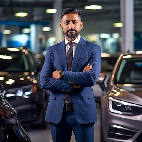Confident handsome indian man automotive sales manager at work on blured background Confident handsome indian man automotive sales manager at work on blured background