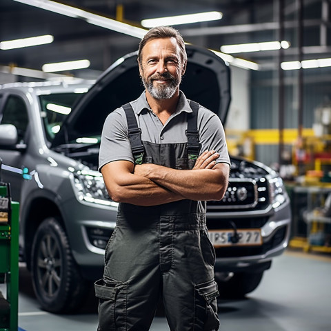 Confident handsome man automotive parts manager at work on blured background Confident handsome man automotive parts manager at work on blured background