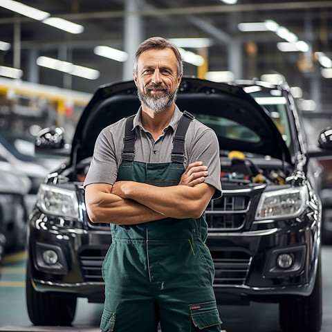 Confident handsome man automotive parts manager at work on blured background Confident handsome man automotive parts manager at work on blured background