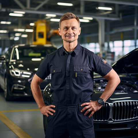 Confident handsome man automotive service manager at work on blured background Confident handsome man automotive service manager at work on blured background