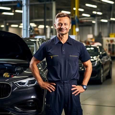 Confident handsome man automotive service manager at work on blured background Confident handsome man automotive service manager at work on blured background
