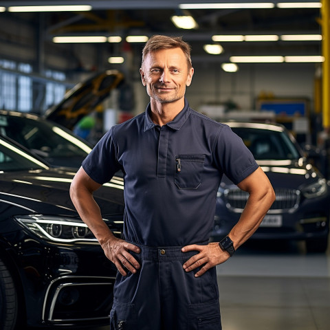 Confident handsome man automotive service manager at work on blured background Confident handsome man automotive service manager at work on blured background