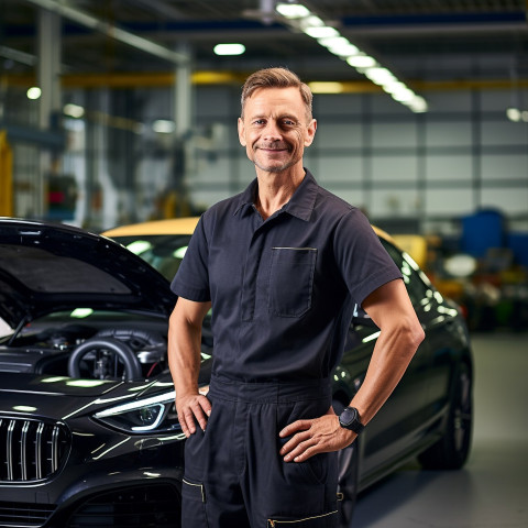 Confident handsome man automotive service manager at work on blured background Confident handsome man automotive service manager at work on blured background