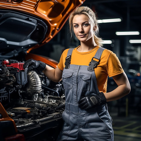 Confident beautiful woman automotive detailer at work on blured background Confident beautiful woman automotive detailer at work on blured background