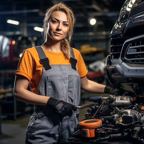 Confident beautiful woman automotive detailer at work on blured background Confident beautiful woman automotive detailer at work on blured background