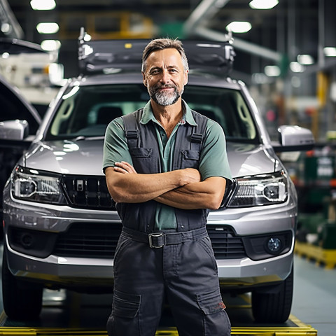 Confident handsome man automotive parts manager at work on blured background Confident handsome man automotive parts manager at work on blured background