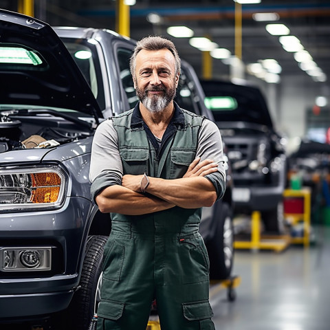 Confident handsome man automotive parts manager at work on blured background Confident handsome man automotive parts manager at work on blured background