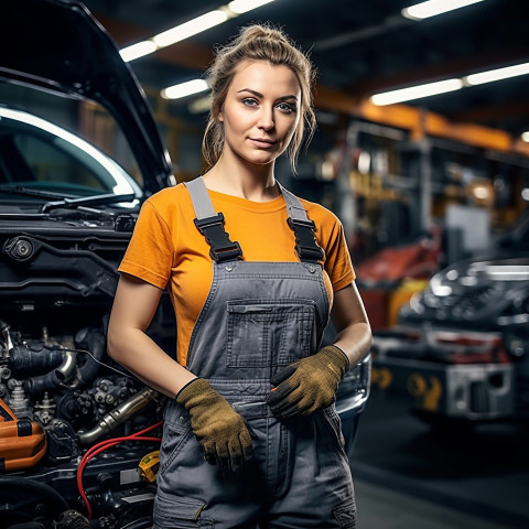 Confident beautiful woman automotive detailer at work on blured background Confident beautiful woman automotive detailer at work on blured background