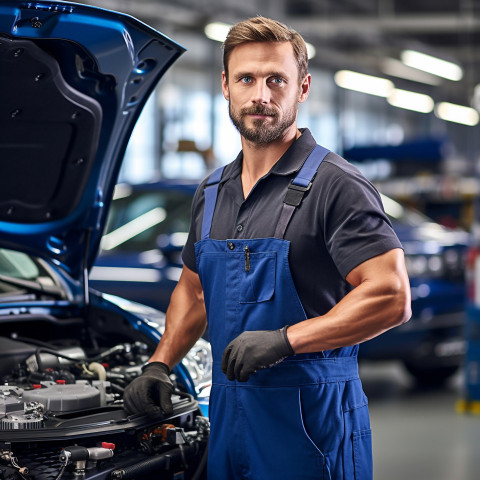 Confident handsome man automotive service technician at work on blured background Confident handsome man automotive service technician at work on blured background