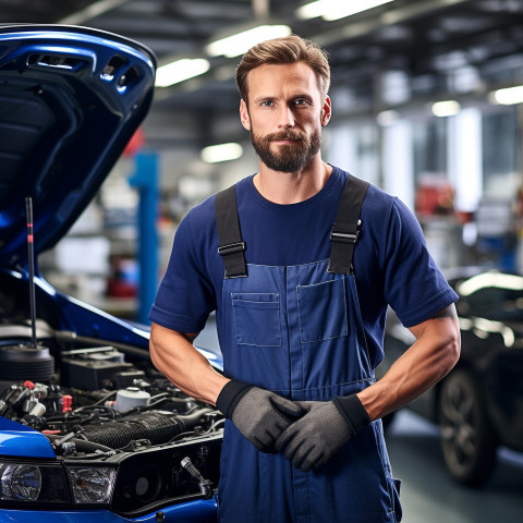 Confident handsome man automotive service technician at work on blured background Confident handsome man automotive service technician at work on blured background