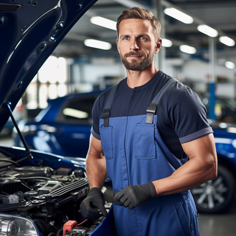Confident handsome man automotive service technician at work on blured background Confident handsome man automotive service technician at work on blured background