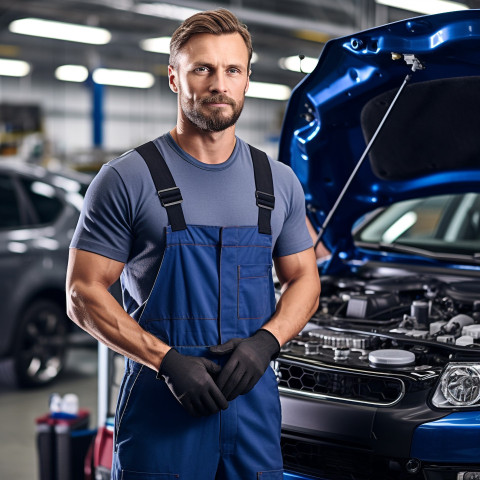 Confident handsome man automotive service technician at work on blured background Confident handsome man automotive service technician at work on blured background