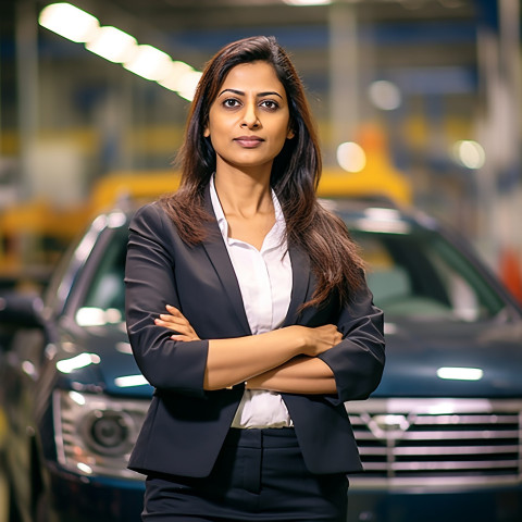 Confident beautiful indian woman automotive human resources manager at work on blured background Confident beautiful indian woman automotive human resources manager at work on blured background
