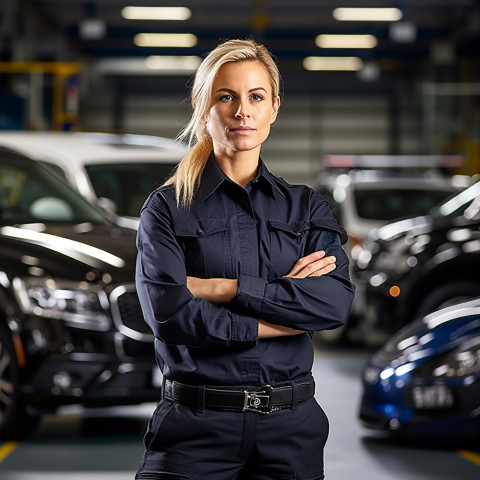 Confident beautiful woman automotive compliance and safety officer at work on blured background Confident beautiful woman automotive compliance and safety officer at work on blured background