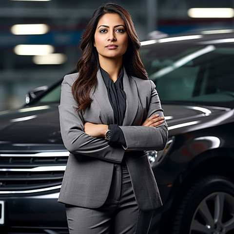 Confident beautiful indian woman automotive human resources manager at work on blured background Confident beautiful indian woman automotive human resources manager at work on blured background