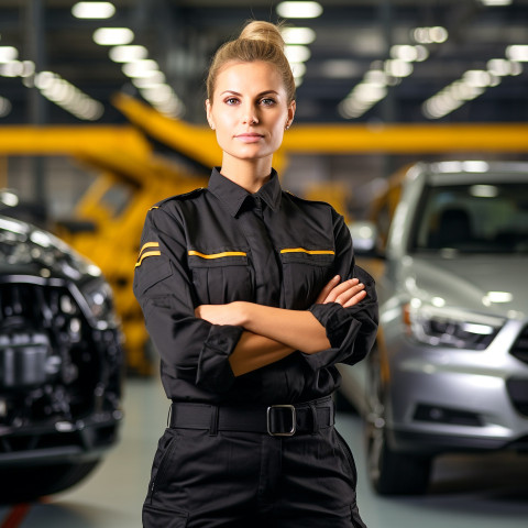 Confident beautiful woman automotive compliance and safety officer at work on blured background Confident beautiful woman automotive compliance and safety officer at work on blured background
