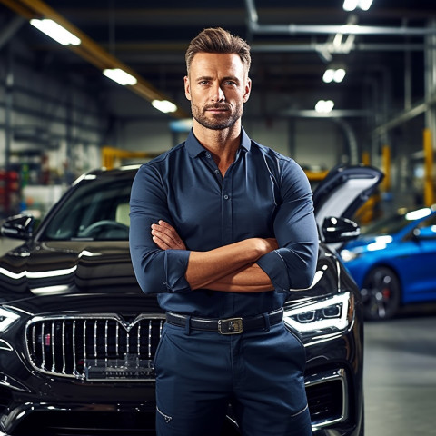Confident handsome man automotive compliance and safety officer at work on blured background Confident handsome man automotive compliance and safety officer at work on blured background