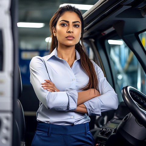 Confident beautiful indian woman automotive driver at work on blured background Confident beautiful indian woman automotive driver at work on blured background