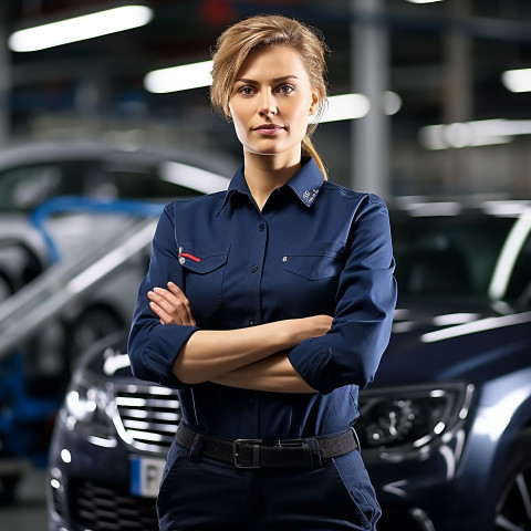Confident beautiful woman automotive compliance and safety officer at work on blured background Confident beautiful woman automotive compliance and safety officer at work on blured background