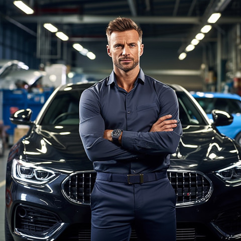 Confident handsome man automotive compliance and safety officer at work on blured background Confident handsome man automotive compliance and safety officer at work on blured background