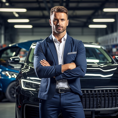 Confident handsome man automotive compliance and safety officer at work on blured background Confident handsome man automotive compliance and safety officer at work on blured background