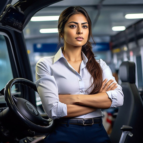 Confident beautiful indian woman automotive driver at work on blured background Confident beautiful indian woman automotive driver at work on blured background