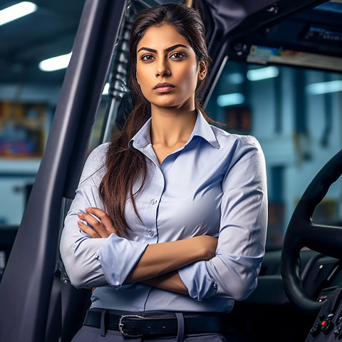 Confident beautiful indian woman automotive driver at work on blured background Confident beautiful indian woman automotive driver at work on blured background