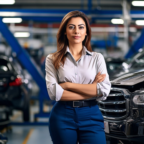 Confident beautiful indian woman automotive customer relations specialist at work on blured background Confident beautiful indian woman automotive customer relations specialist at work on blured background
