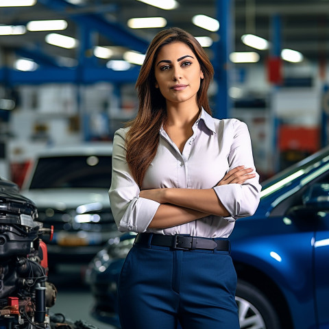Confident beautiful indian woman automotive customer relations specialist at work on blured background Confident beautiful indian woman automotive customer relations specialist at work on blured background