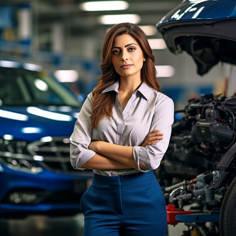 Confident beautiful indian woman automotive customer relations specialist at work on blured background Confident beautiful indian woman automotive customer relations specialist at work on blured background