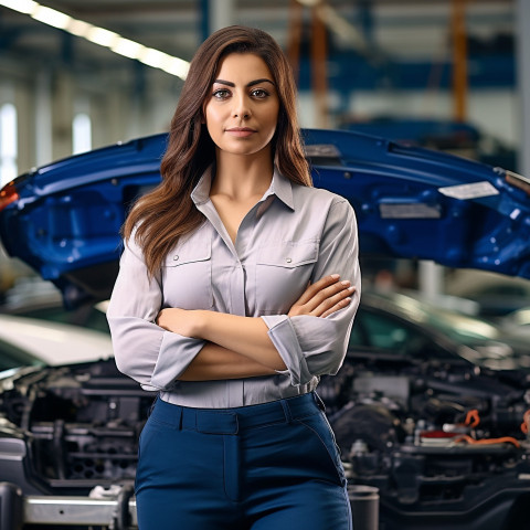 Confident beautiful indian woman automotive customer relations specialist at work on blured background Confident beautiful indian woman automotive customer relations specialist at work on blured background