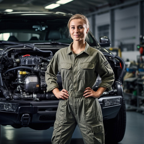 Confident beautiful woman automotive service technician at work on blured background Confident beautiful woman automotive service technician at work on blured background