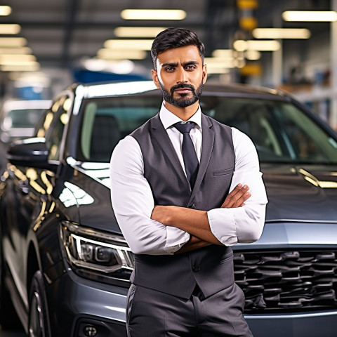 Confident handsome indian man automotive safety compliance specialist at work on blured background Confident handsome indian man automotive safety compliance specialist at work on blured background