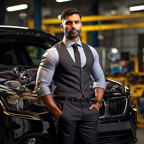 Confident handsome indian man automotive safety compliance specialist at work on blured background Confident handsome indian man automotive safety compliance specialist at work on blured background