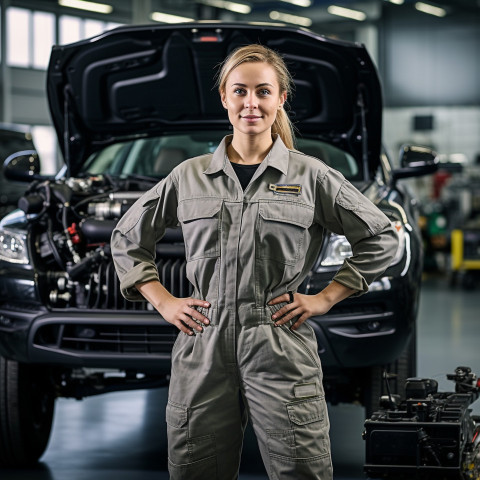 Confident beautiful woman automotive service technician at work on blured background Confident beautiful woman automotive service technician at work on blured background