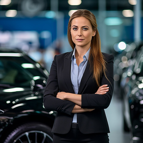 Confident beautiful woman automotive customer relations specialist at work on blured background Confident beautiful woman automotive customer relations specialist at work on blured background