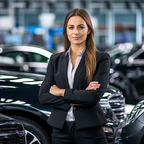 Confident beautiful woman automotive customer relations specialist at work on blured background Confident beautiful woman automotive customer relations specialist at work on blured background
