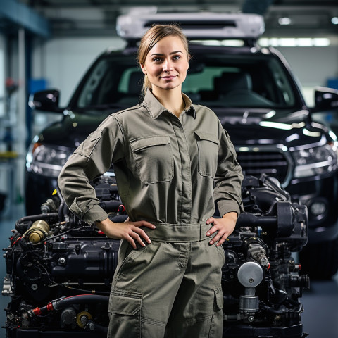 Confident beautiful woman automotive service technician at work on blured background Confident beautiful woman automotive service technician at work on blured background