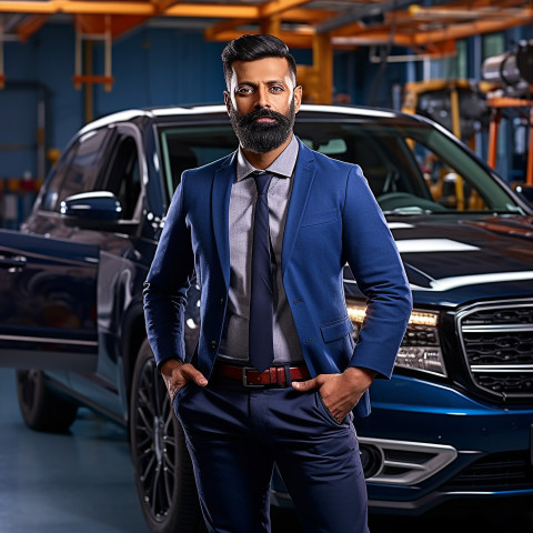 Confident handsome indian man automotive safety compliance specialist at work on blured background Confident handsome indian man automotive safety compliance specialist at work on blured background