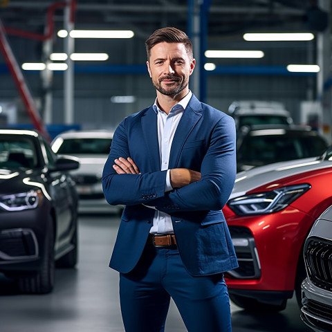 Confident handsome man automotive customer relations specialist at work on blured background Confident handsome man automotive customer relations specialist at work on blured background