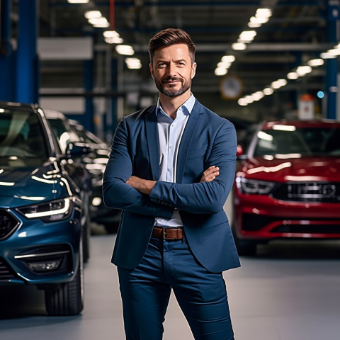 Confident handsome man automotive customer relations specialist at work on blured background Confident handsome man automotive customer relations specialist at work on blured background