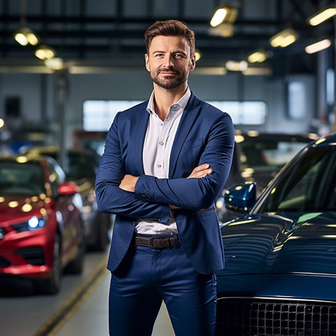 Confident handsome man automotive customer relations specialist at work on blured background Confident handsome man automotive customer relations specialist at work on blured background