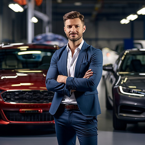 Confident handsome man automotive customer relations specialist at work on blured background Confident handsome man automotive customer relations specialist at work on blured background