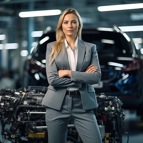 Confident beautiful woman automotive marketing manager at work on blured background Confident beautiful woman automotive marketing manager at work on blured background