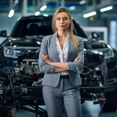 Confident beautiful woman automotive marketing manager at work on blured background Confident beautiful woman automotive marketing manager at work on blured background
