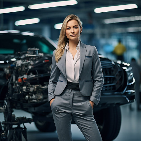 Confident beautiful woman automotive marketing manager at work on blured background Confident beautiful woman automotive marketing manager at work on blured background