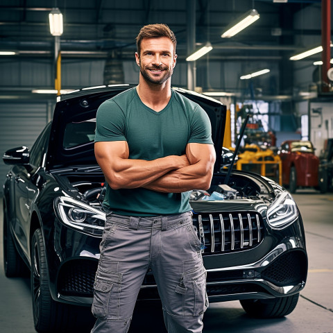 Confident handsome man automotive valets at work on blured background Confident handsome man automotive valets at work on blured background