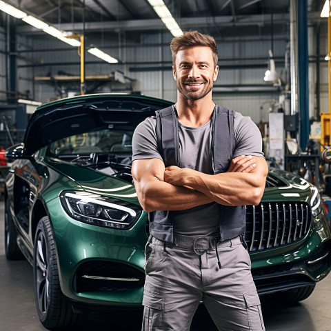 Confident handsome man automotive valets at work on blured background Confident handsome man automotive valets at work on blured background